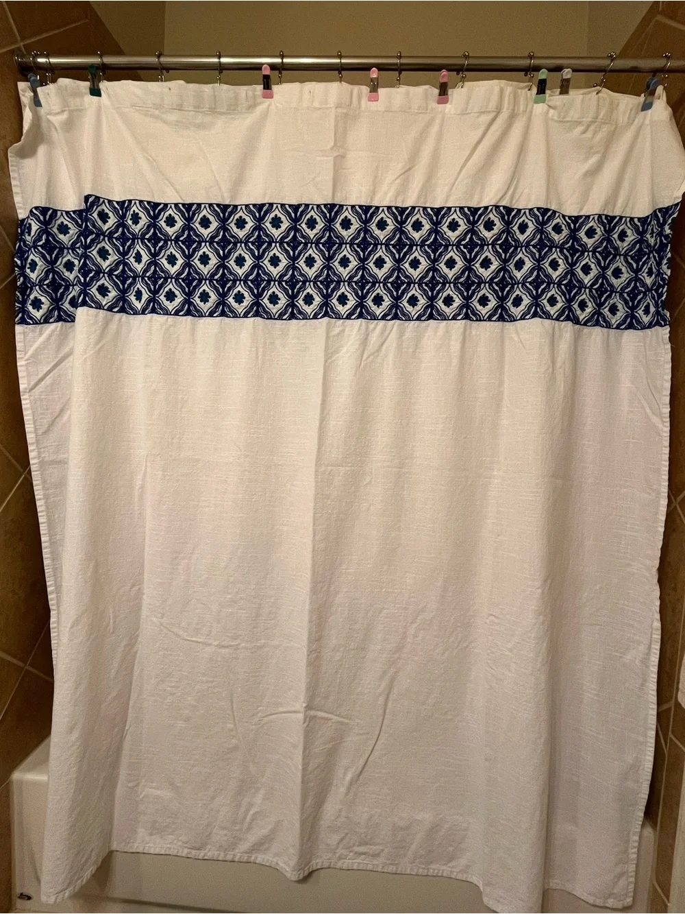 Threshold White with Blue Tile Embroidery Shower Curtain - Small Stains